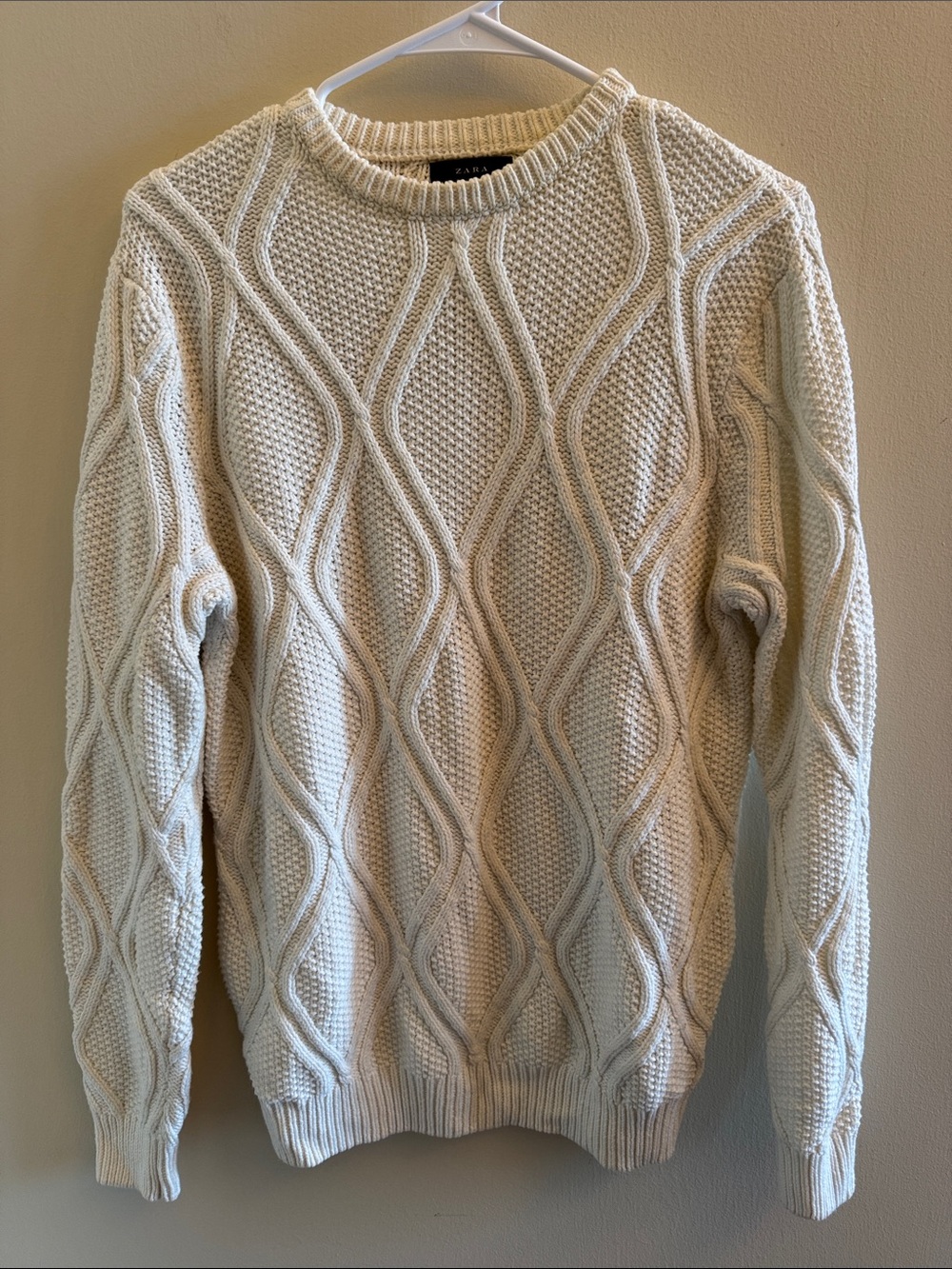 Zara Women’s M Ivory Cream Cable Knit Textured Crewneck Sweater